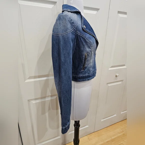 Wet Seal Wall Flower Distressed Blue Denim Zip Jean Moto Jacket Coat S - Picture 5 of 7